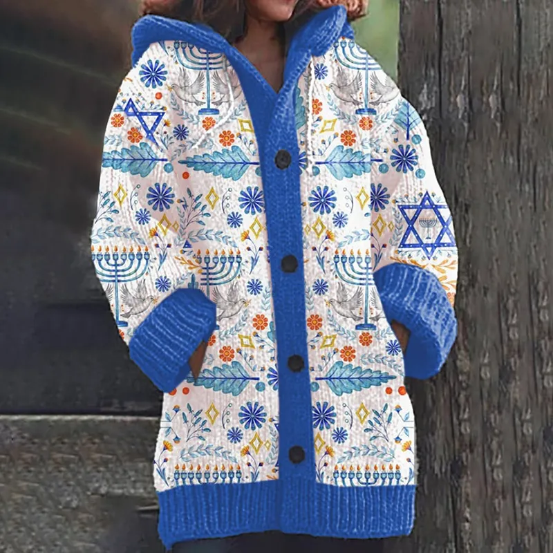 Women's Hanukkah Menorah Print Comfort Hooded Cardigan
