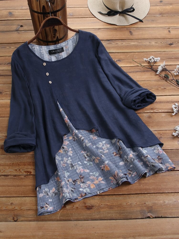 Floral Fake Two Pieces Long Sleeve Blouse For Women P1641469