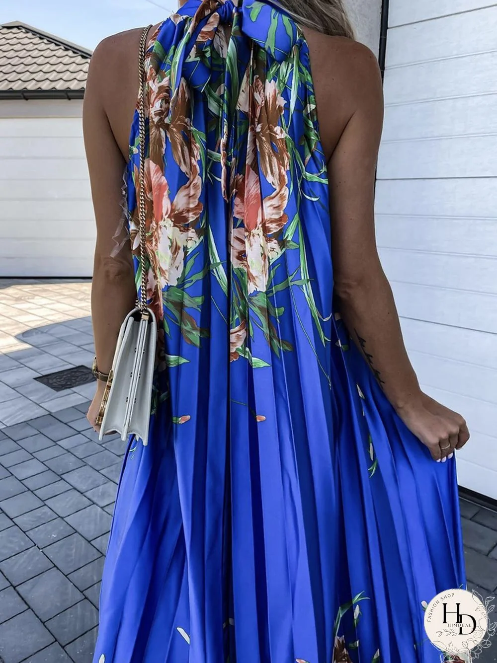 Female Trend Printed Pattern Boho Dress Fashion Sleeveless Hem Party Dress Sexy Halter Neck Off Shoulder Long Pleated Dress