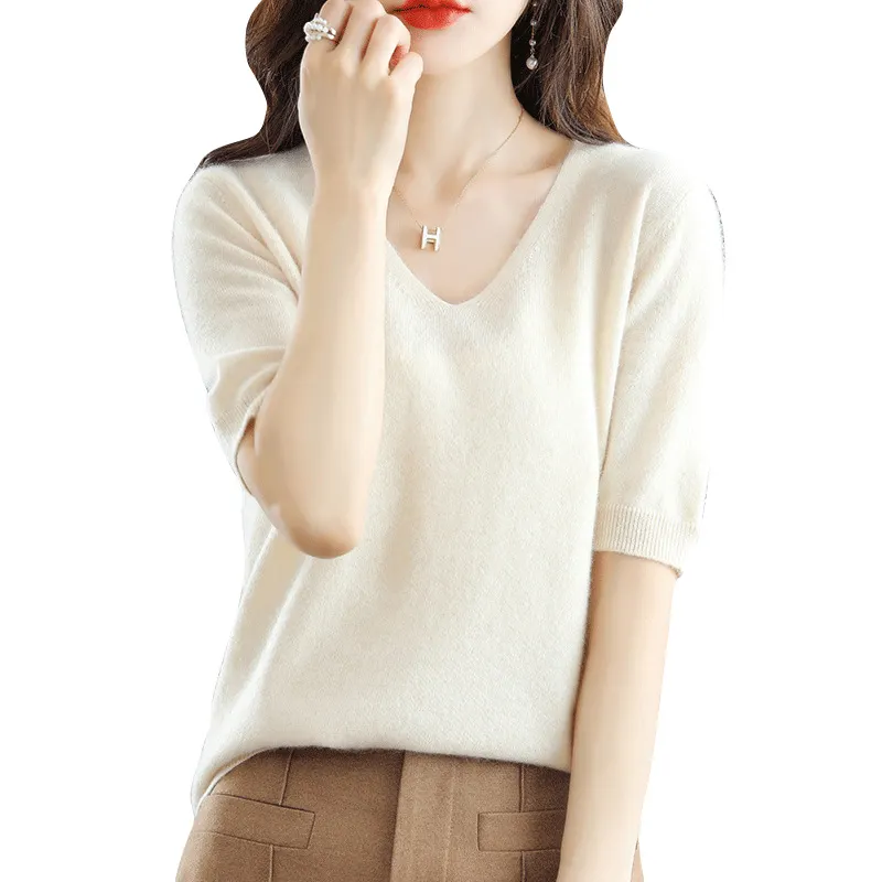 Churchf Churchf 2024 New Short-Sleeved Sweater Women's T-Shirt Solid Color V-Neck Short-Sleeved Bottom Shirt Top Thin Style A Hair
