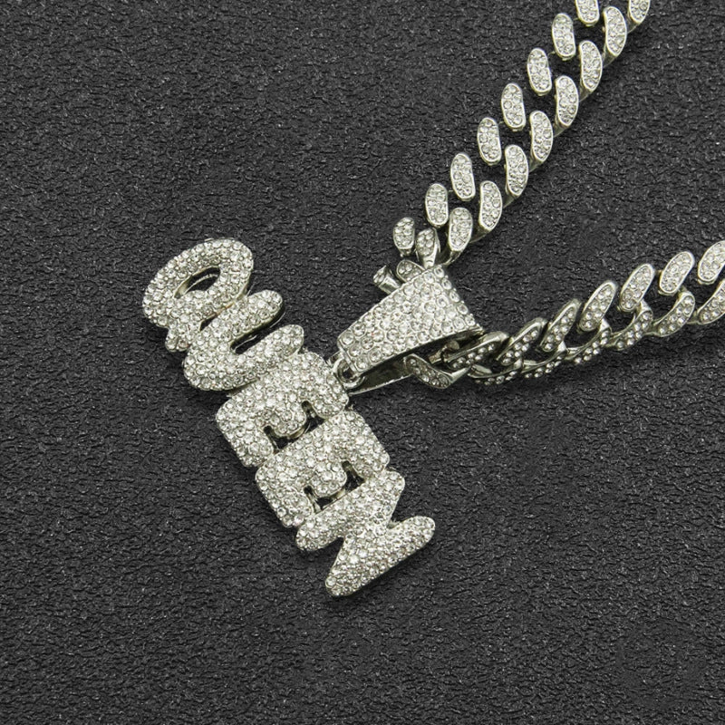 1 Men’s Diamond QUEEN Letter Hip Hop Hipster Full Diamond Hip Hop Necklace Pendant Accessories Cuban Chain