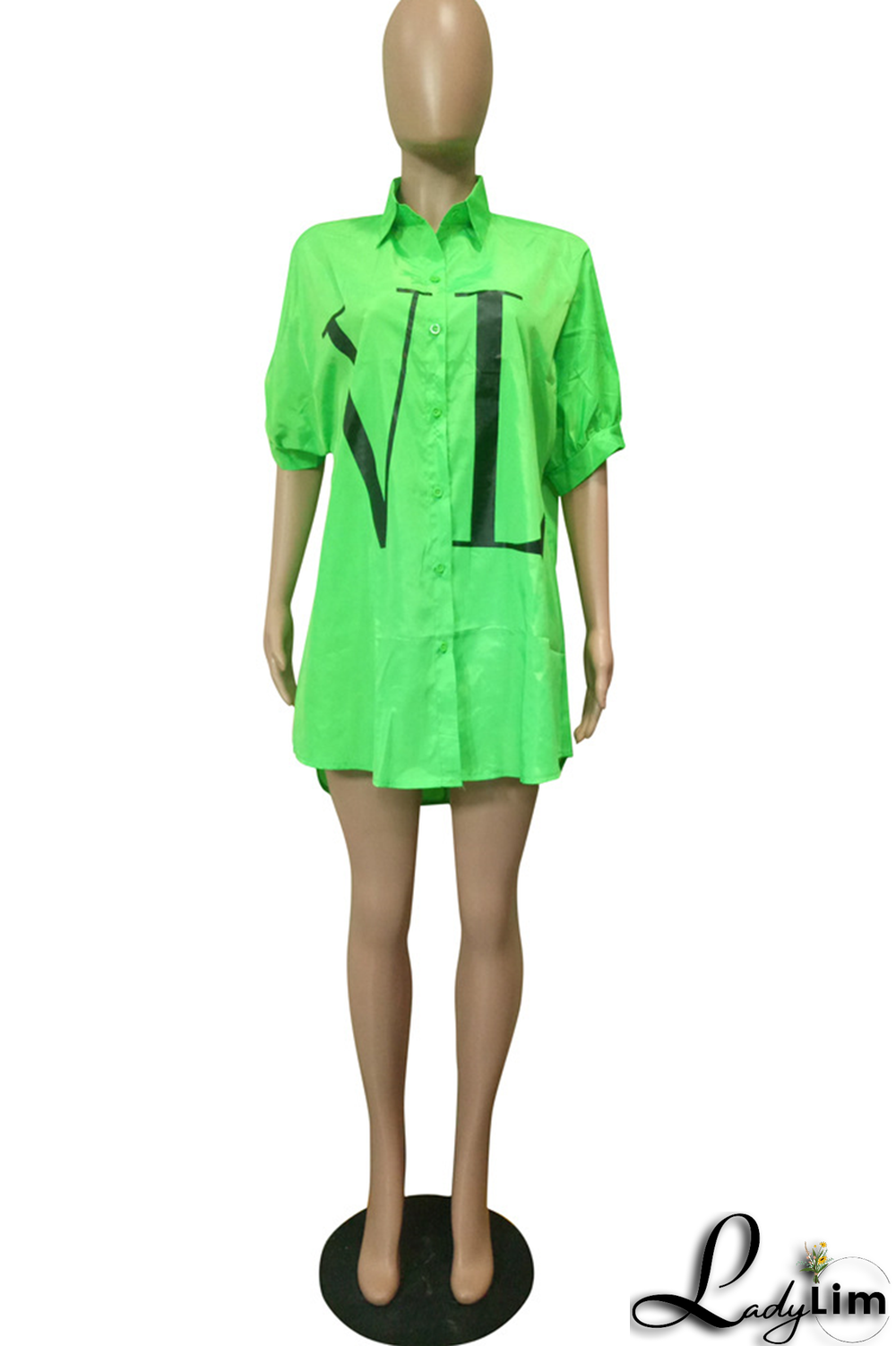 Green Fashion Print Patchwork Turndown Collar Tops