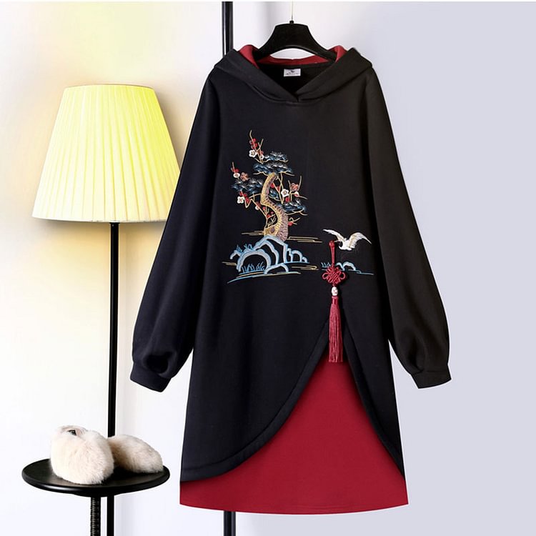 Tree Embroidery Fringed Hooded Vintage Sweatshirt Dress - Modakawa Modakawa