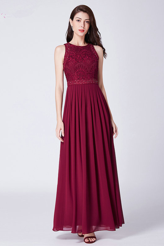 Burgundy Sleeveless Lace Long Chiffon Prom Dress - lulusllly
