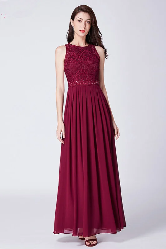 Burgundy Sleeveless Lace Long Chiffon Prom Dress - lulusllly
