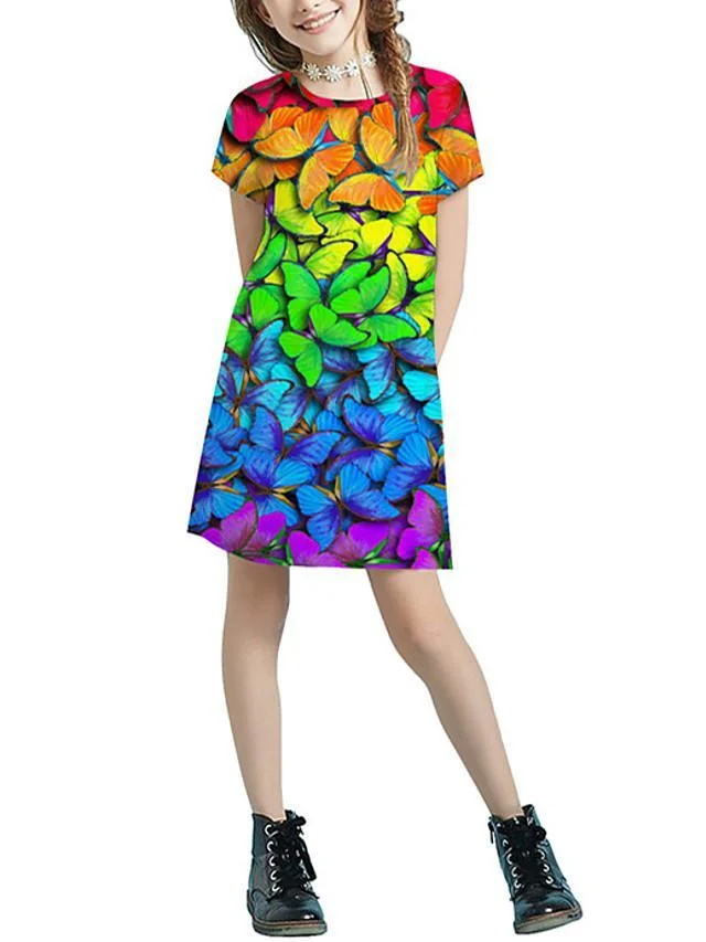 Kids Girls' Basic Cute Color Block Animal Patchwork Print Short Sleeve Above Knee Dress Rainbow