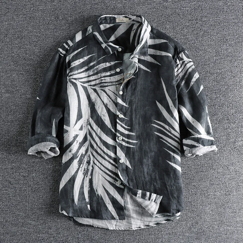 Vintage Leaf Print Casual Linen Three-Quarter Sleeve Shirt