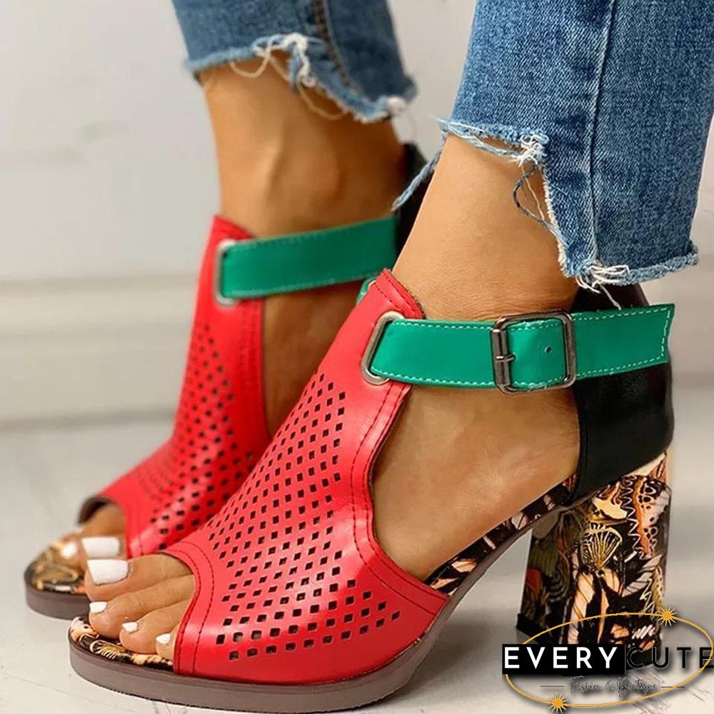 Hollow Coarse Heel Buckle High Heel Sandal