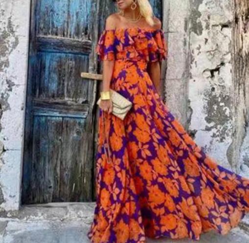 Women's Fashion Print Sexy One Shoulder Sleeveless Floral Party Elegant Maxi Dress