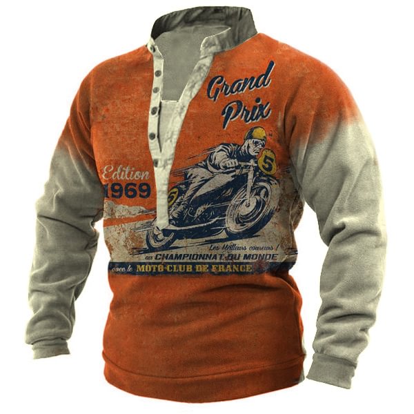 Men's Grand Prix 1969 Motorcycle Henley Button Sweatshirt-Compassnice®