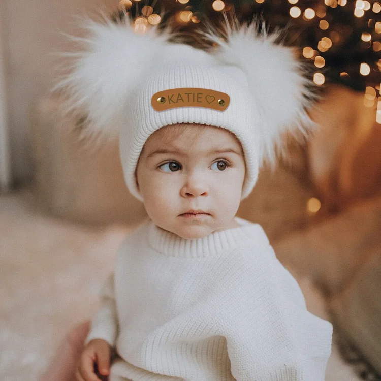 Custom Name Leather Patch Beanie, Cute Winter Hat for Kids and Adults