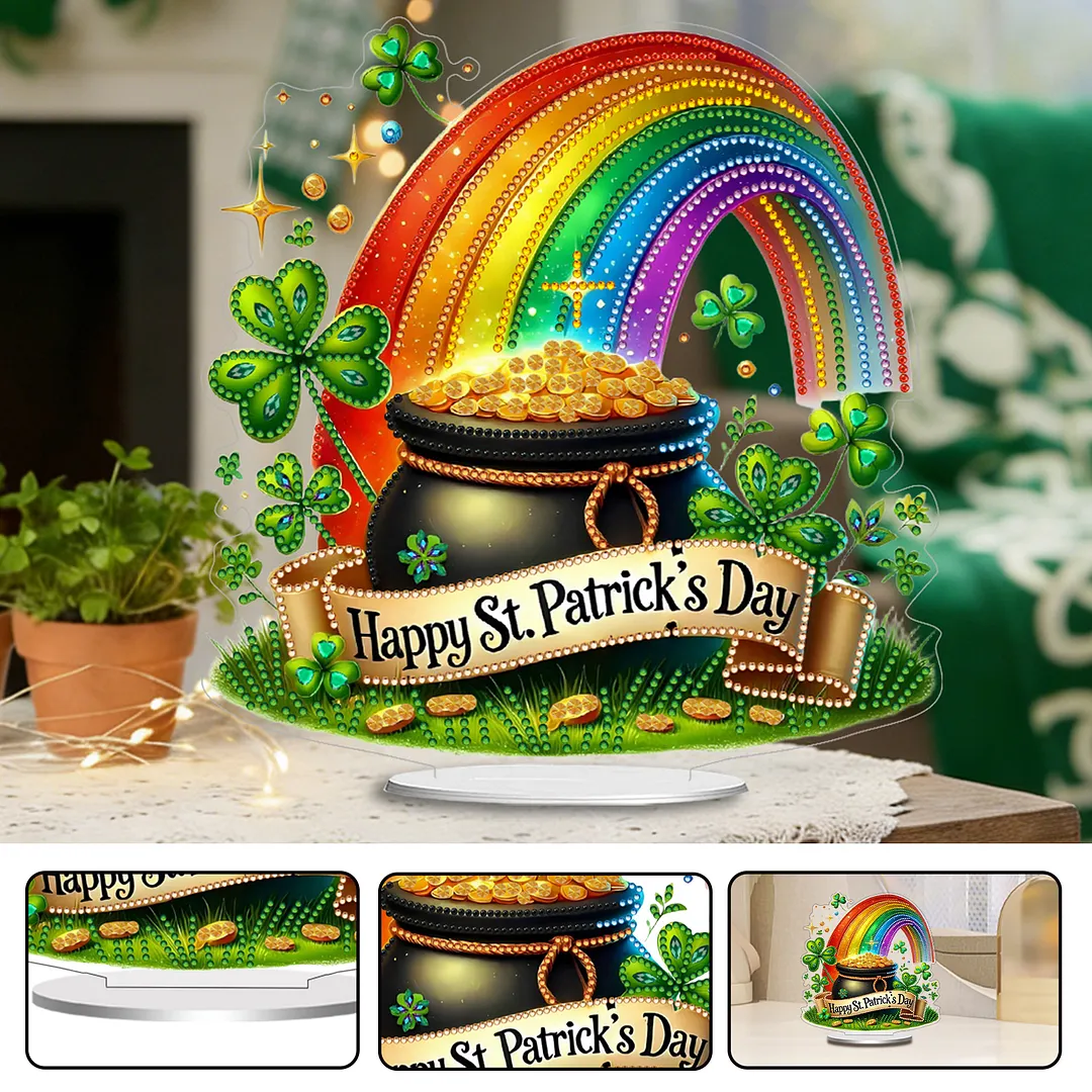 2D Flat DIY Happy St Patricks Day Diamond Painting Tabletop Ornaments Kit Special Shape Crystal Art Craft Decoration Single Side Drill for Living Room Home Office