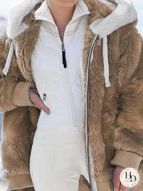 Coats Loose Zipper Hooded Plush Coat for Women