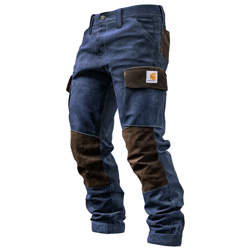 Men's Vintage Brown Suede Contrast Work Pants With Reinforced Knees