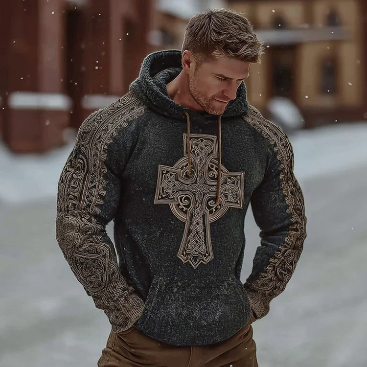 Men's Retro Celtic Knot And Cross Pattern Comfortable Hooded Sweater