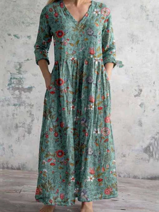Women's 3/4 Sleeve V-neck Floral Printed Midi Dress