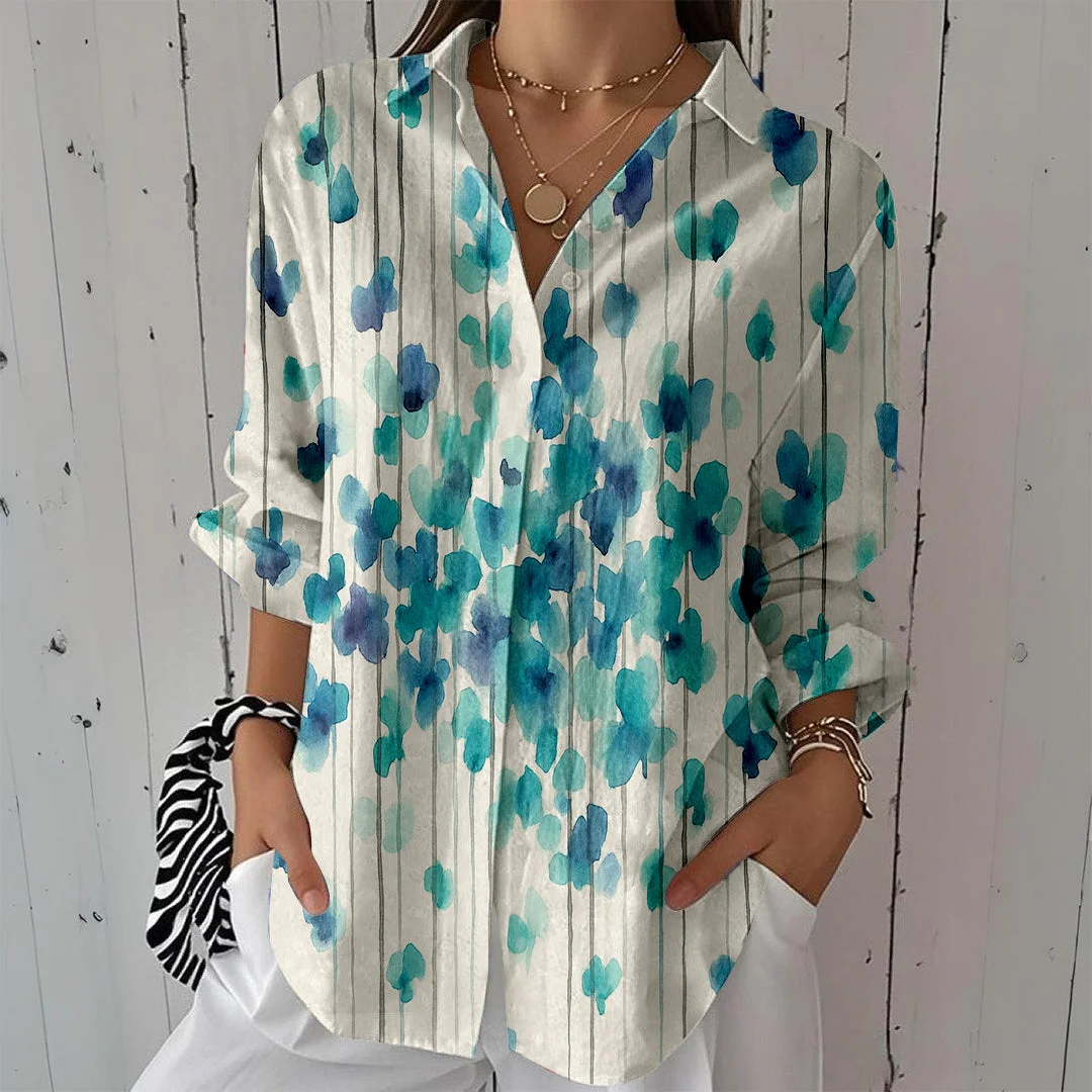 Style & Comfort for Mature Women Women Blue,  Painting DZCL0430 3/4 Sleeve Shirt Collar Printed Button Tops