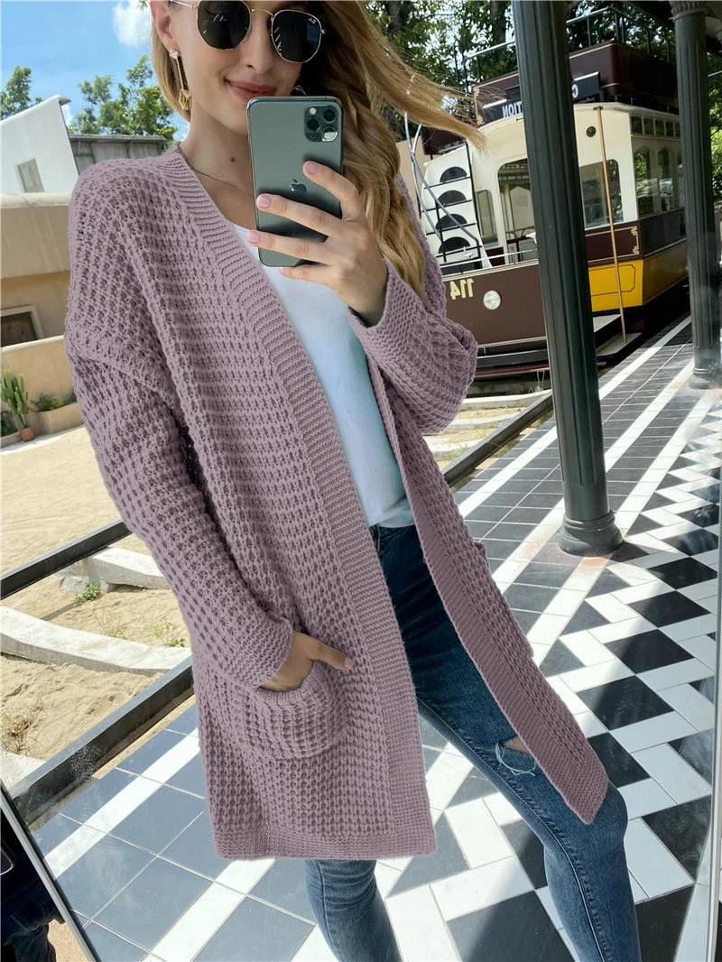 Fitshinling Oversize Knitted Long Cardigan For Women Pockets Slim Solid Winter Coat Jacket Female Long Sleeve Sweaters Cardigans