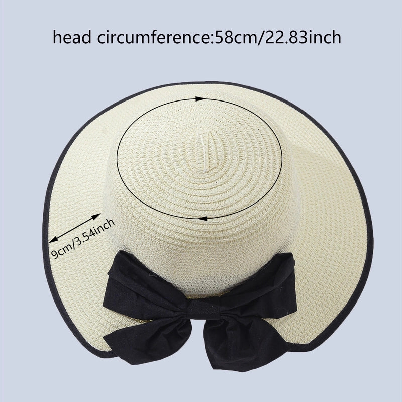 Women’s Casual Vacation Beach Color Block Bowknot Big Eaves Straw Hat
