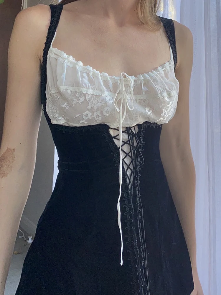 Rapcopter Y2K Velvet Mini Dress Tie Up Sweet Cute Spaghetti Strap Corset Tank Dress Vintage Party Elegant Black Dress Women 90s
