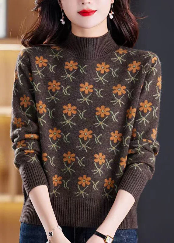 Jacquard Coffee Turtleneck Cozy Knit Sweaters Spring