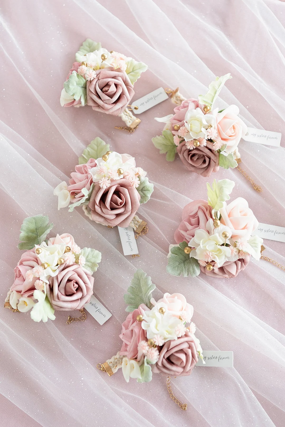 Wrist Corsages in Dusty Rose & Cream