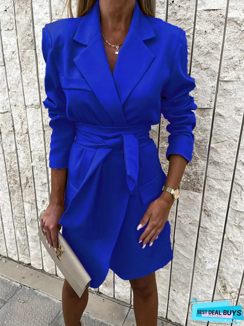 Waist-Tied Loose Candy-Colored Suit Collar Dress