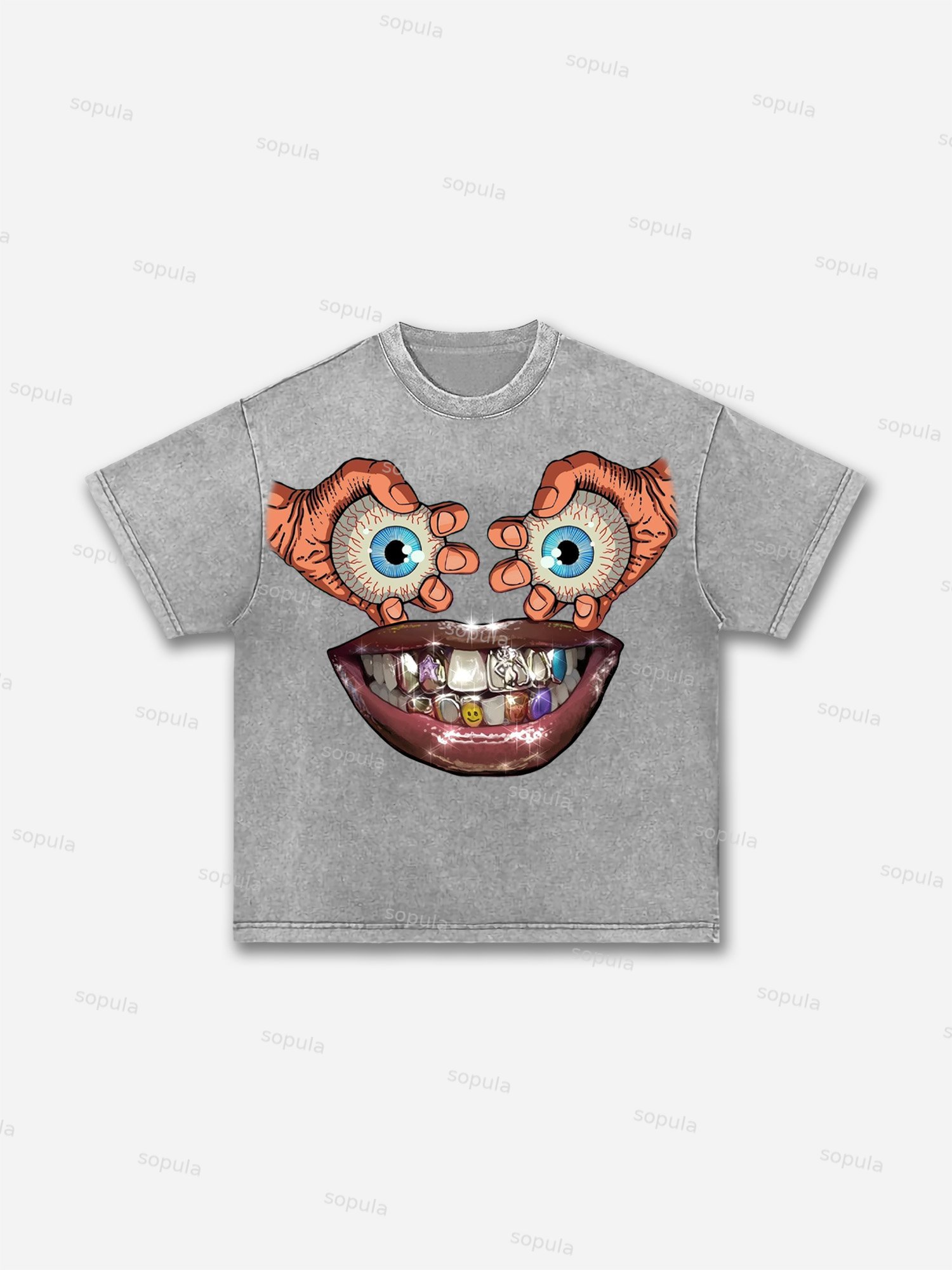 Eyes, Lips, Braces Retro Cartoon Graphic Acid Wash T-shirt - Sopula｜Premium Graphic Tees & Graphic Clothing
