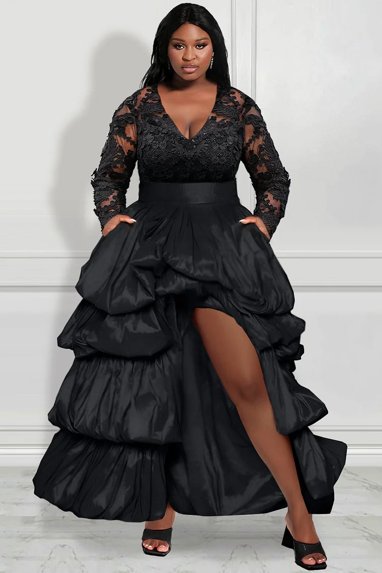 Xpluswear Design Plus Size Semi Formal Maxi Dresses Black Fall Winter Long Sleeve See-Through Flounce Satin Maxi Dresses With Pocket [Pre-Order]