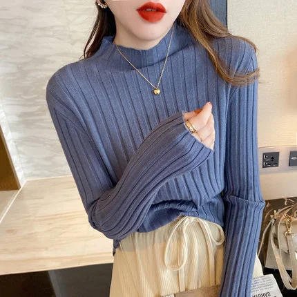 Uveng Uveng Winter Half-High Sweater Women Long Sleeve Pure Color Spring And Autumn Pit Stripe Loose Knitted Bottom Shirt