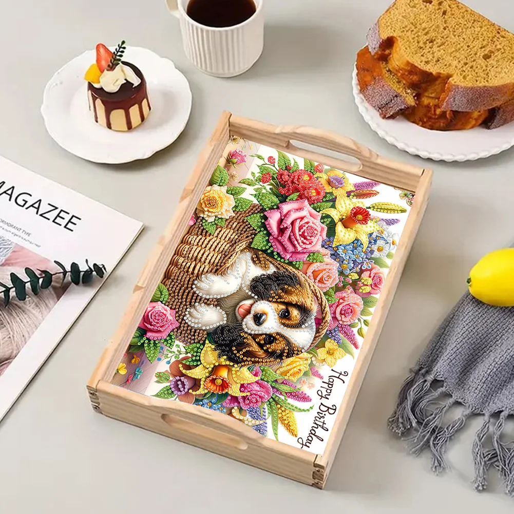 5D DIY Flower Dog Diamond Painting Wooden Serving Tray with Handle for Desk