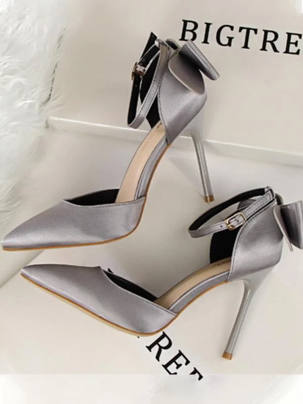 Stiletto high heel shallow pointy satin hollow back bow sandals