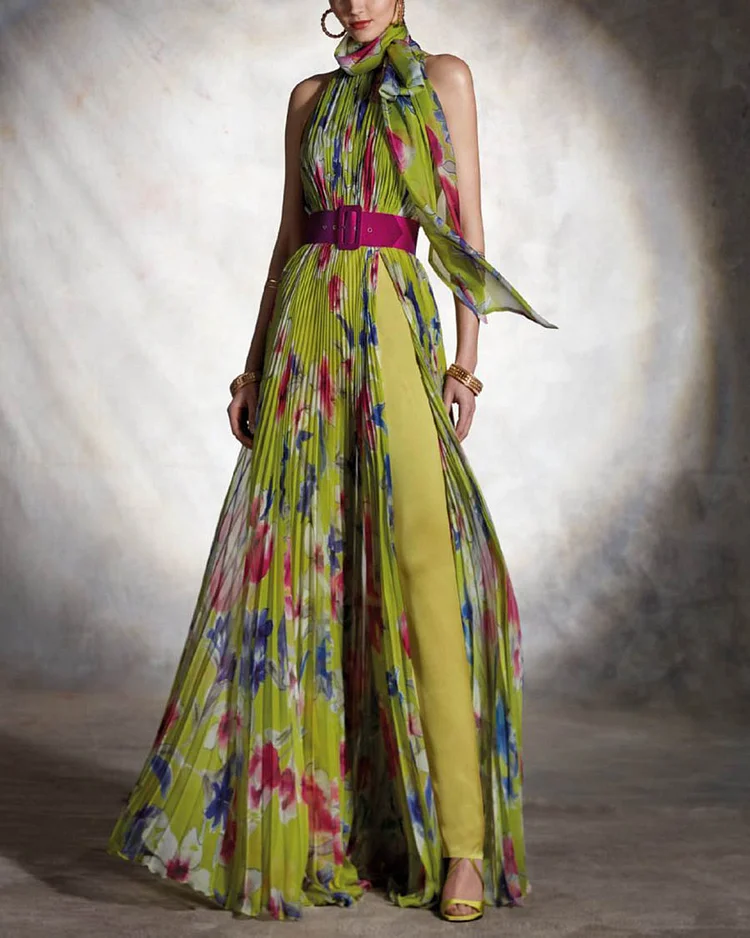 Elegant Floral Pleated Dress Gown