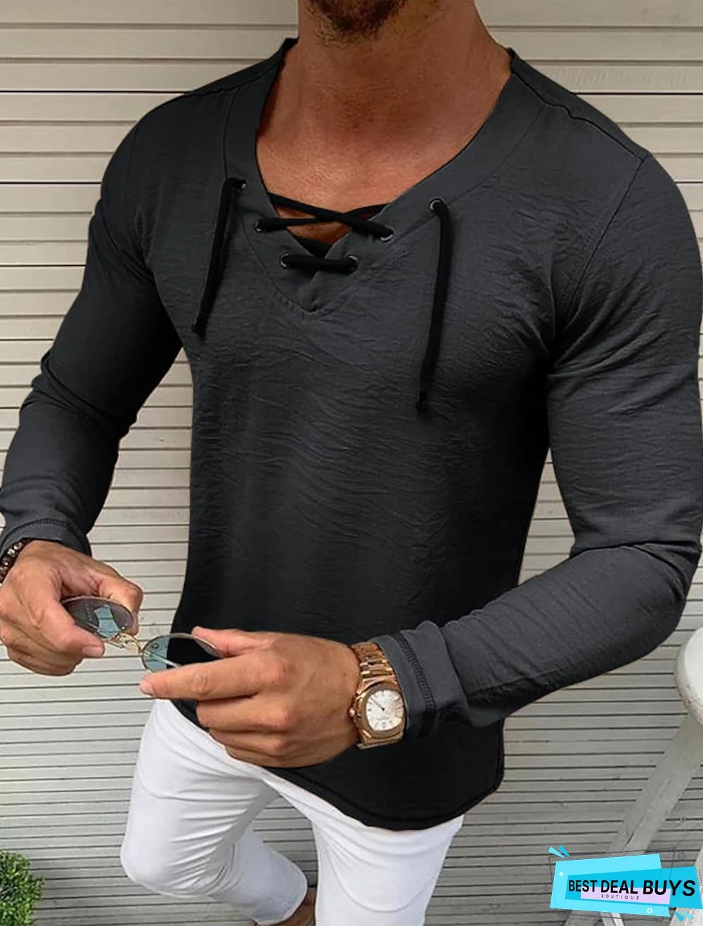 Men's Shirt Solid Colored Drawstring Long Sleeve Casual Tops Casual Fashion Breathable Comfortable White Black Khaki