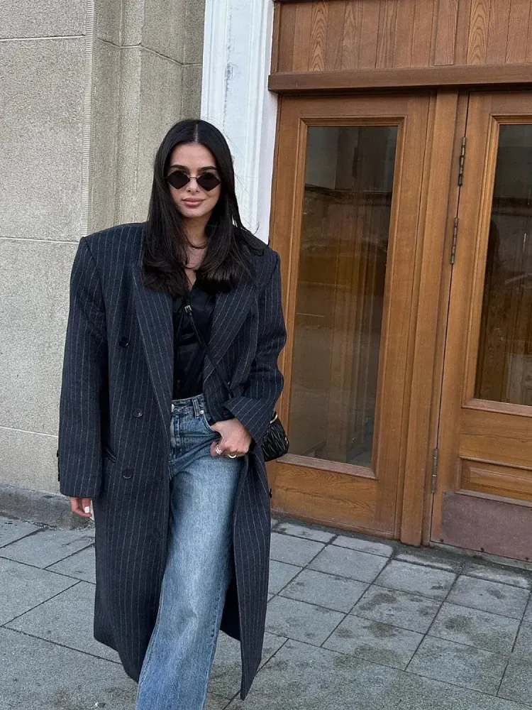 Fashion Dark Grey Stripe Lapel Double Breasted Overcoats