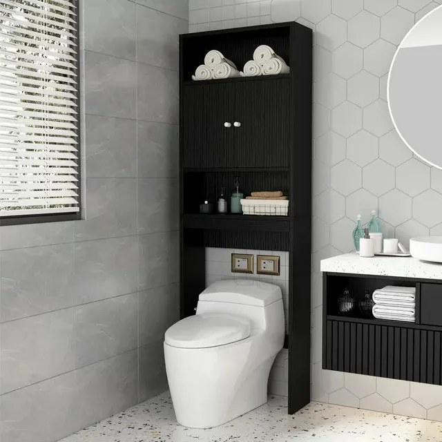 BTMWAY Bathroom Organizer Cabinet, Home Over-The-Toilet Storage with Adjustable Shelves, Modern Over Toilet Tall Bathroom Cabinet Heavy Duty 2-Door Space Saver Storage Rack, Black