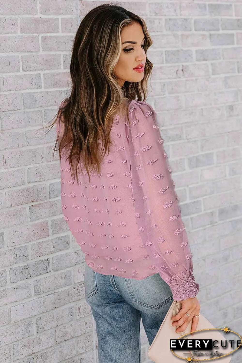 Pink Polka Dot Lace Lantern Sleeve Blouse
