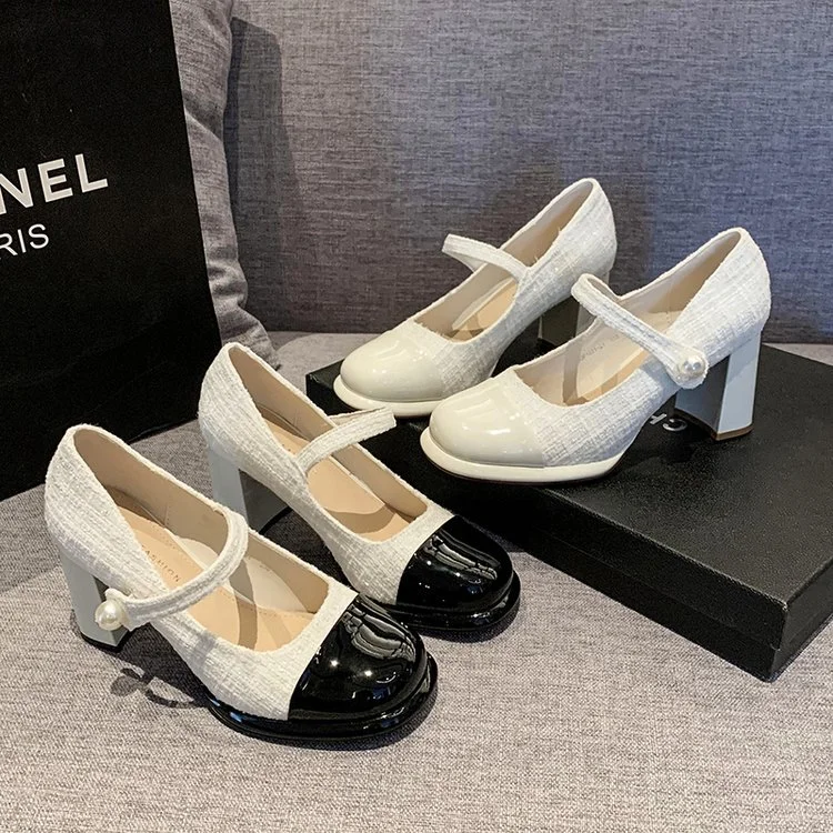 Wongn Wongn 2024 New Small Fragrant Wind Pearl Buckle Patent Leather Baotou Stitching Thick Heel Single Shoes High-Heeled Shoes Women's Shoes