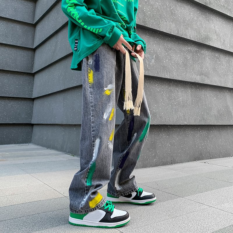 Hiphop fried street pants high street straight loose large size casual ink splash jeans men