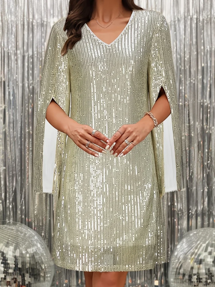 Women's Elegant Sleeveless Sequin Dress - Fitted 95% Polyester 5% Elastane, Crew Neck Short Sleeve Spring/Summer Party Dress, Machine Washable Solid Color Evening Attire, Spring Fashion, Shimmering Design, Highquality Finish, Formal Events