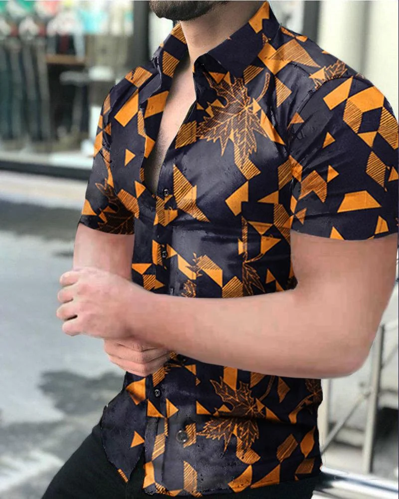 Men's Color Block Printed Casual Shirt Short Sleeve