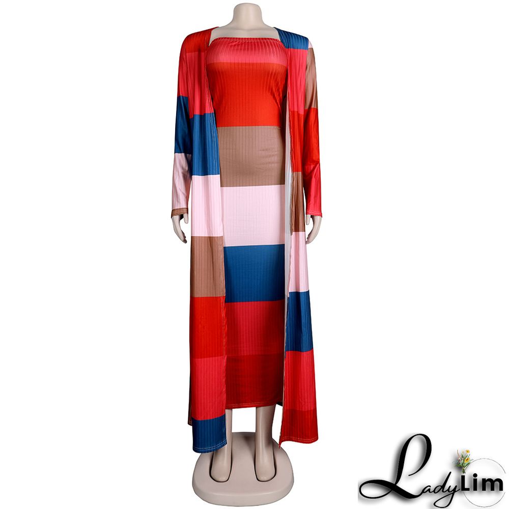 Plus Size Women Ribbed Print Colorblock Dress + Long Coat