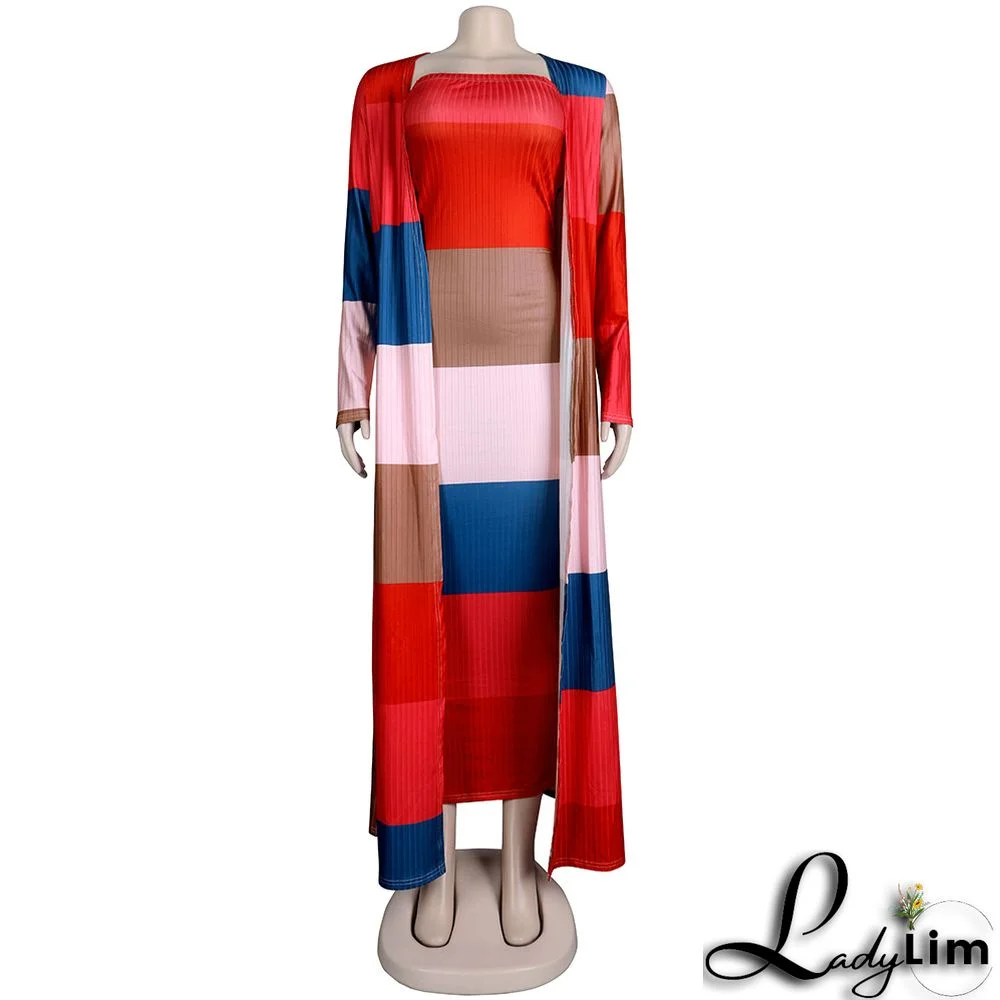 Plus Size Women Ribbed Print Colorblock Dress + Long Coat