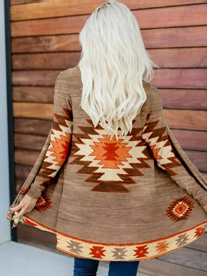 Retro Western Style Printed Loose Long Sleeve Cardigan