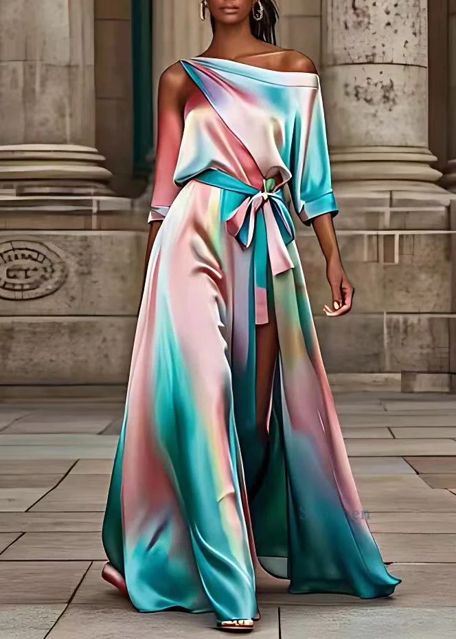 Pre sale - shipping in 30 days/Fashion Rainbow Asymmetrical Patchwork Silk Maxi Dress Summer