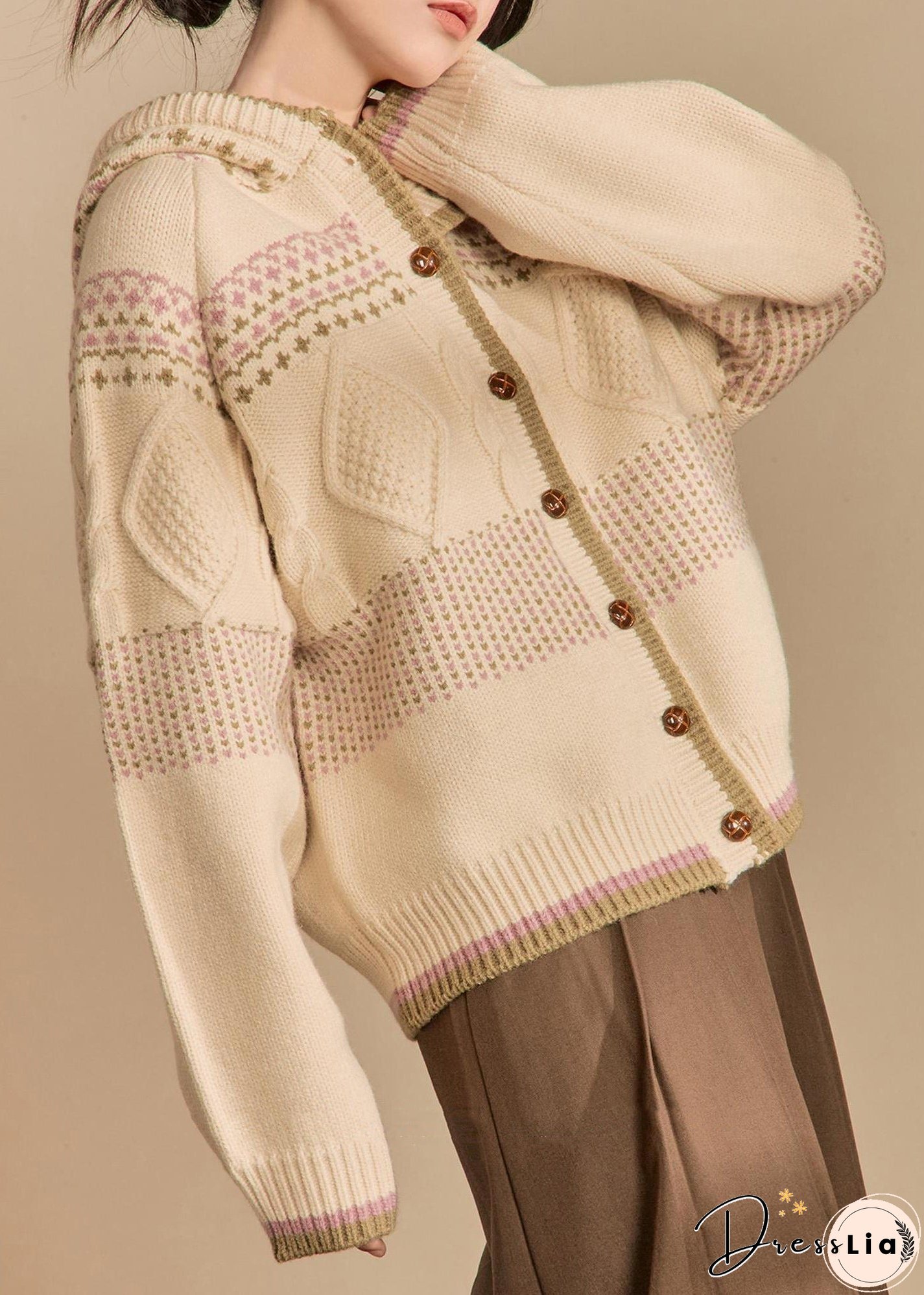 Loose Apricot Hooded Button Knit Coats Winter