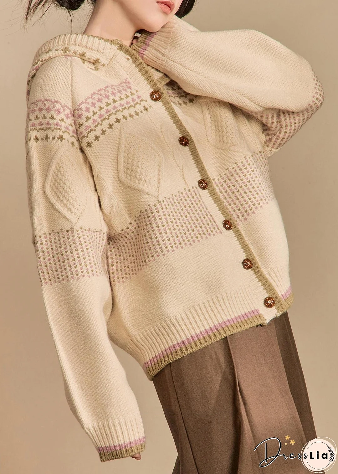 Loose Apricot Hooded Button Knit Coats Winter