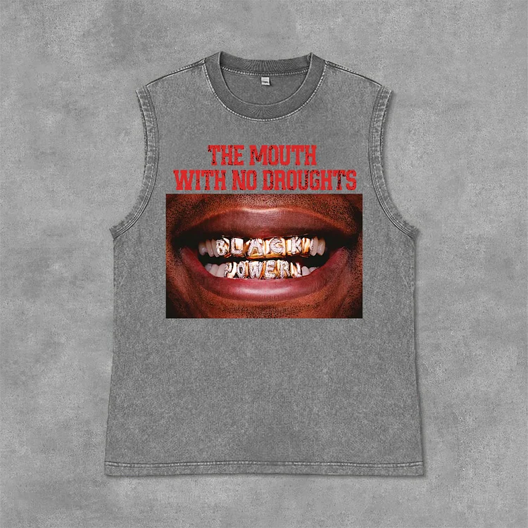 Lips Graphic The Mouth With No Droughts Print Acid Washed Sleeveless Tank Top SOPULA