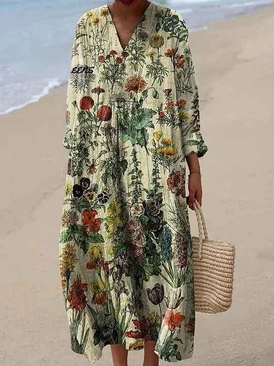 Women's Vintage Lovely Floral Art Print Cotton Dress