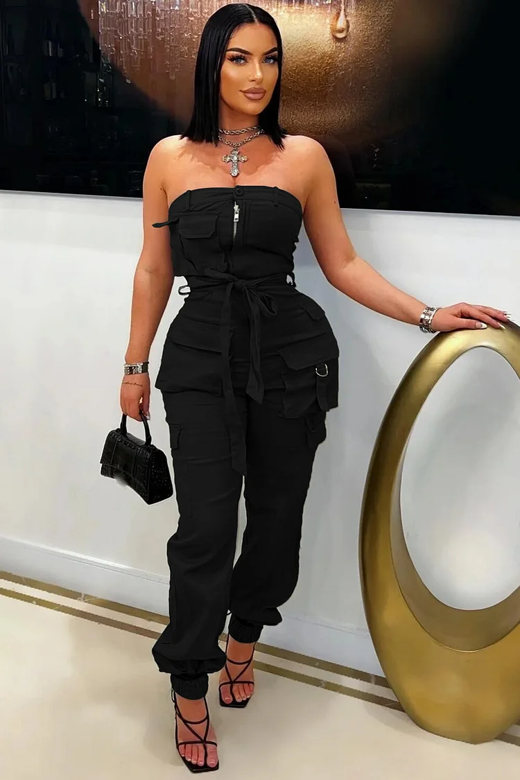 Boat Neck Strapless Tie Up Pockets Cuffed Jumpsuit-Green